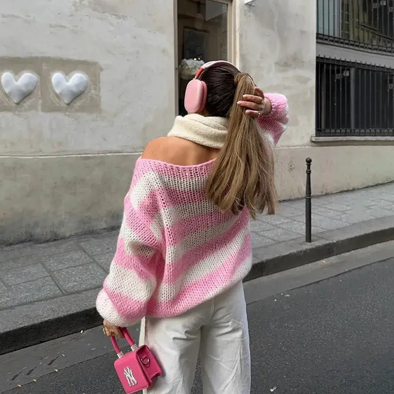 Thumbnail: Chic Harmony Striped Knit Pullover Sweater