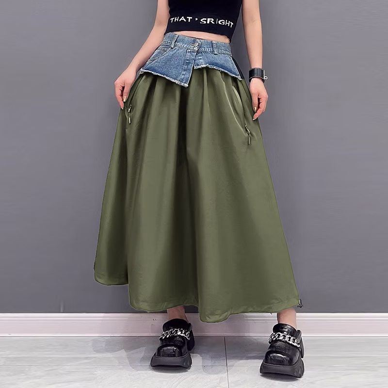 Color Contrast Patchwork Denim Skirt