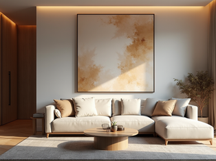 Eye-level view of a modern living room wall featuring large custom abstract canvas art