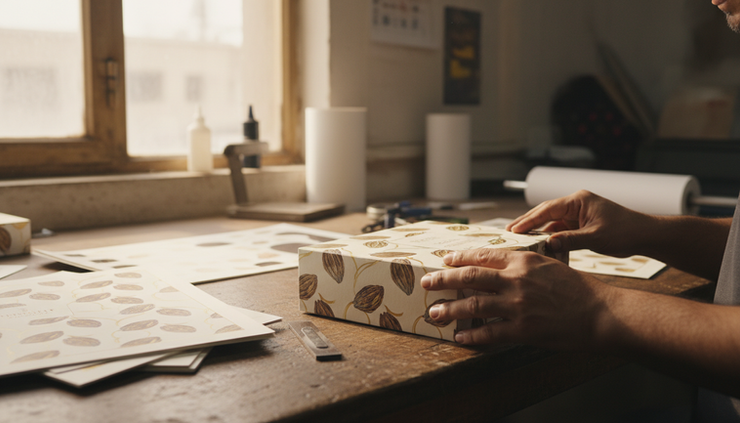 Close-up of hands shaping a premium chocolate gift box in a workshop.