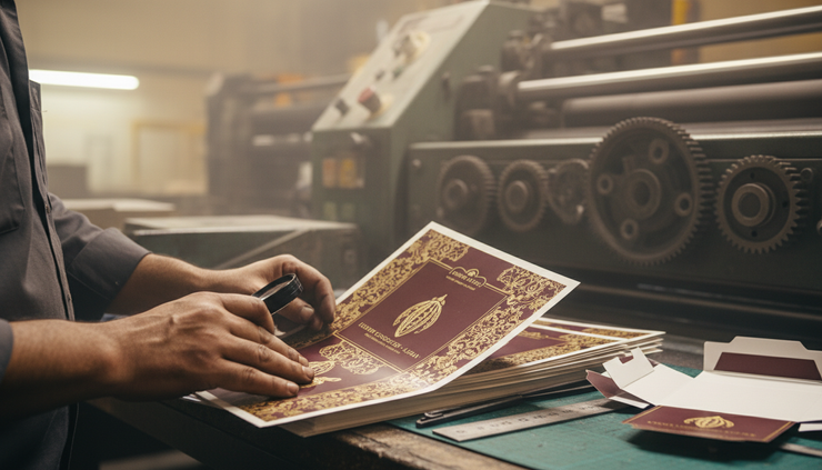 Close-up of hands checking offset printed sheets for chocolate box production.