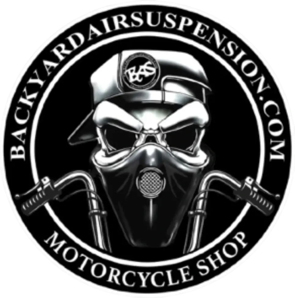 Round Backyard Air Suspension motorcycle shop logo in black and white