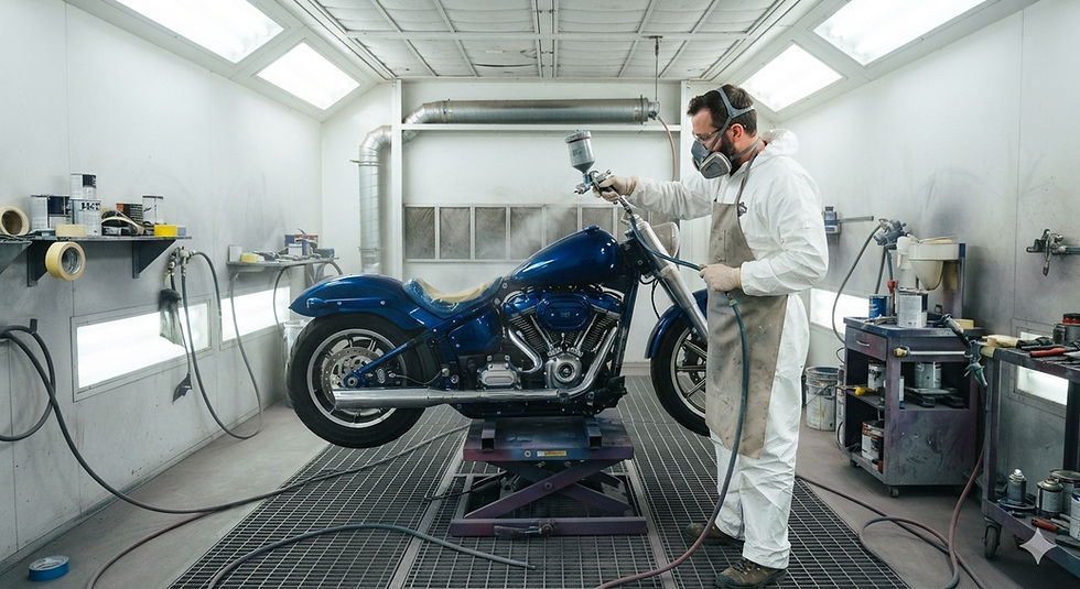 Man in protective gear painting a blue motorcycle in a professional paint booth, wide landscape shot.