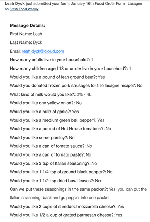 Leah Dyck Food Order Form Automated Email Notification