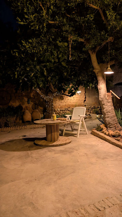 Foto del jardín de noche donde s puede verle laurel y una mesa de madera recíclale de una bobina de hilo