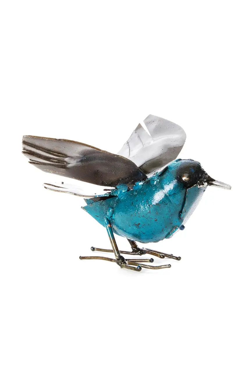Blue Recycled Metal Fluttering Bird Sculpture