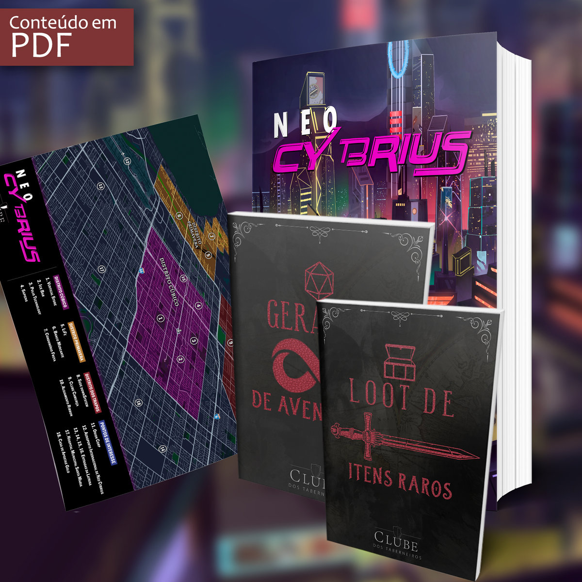 Conteúdo digital do cenário de RPG Neo Cybrius: livro, mapa e guias de itens em PDF