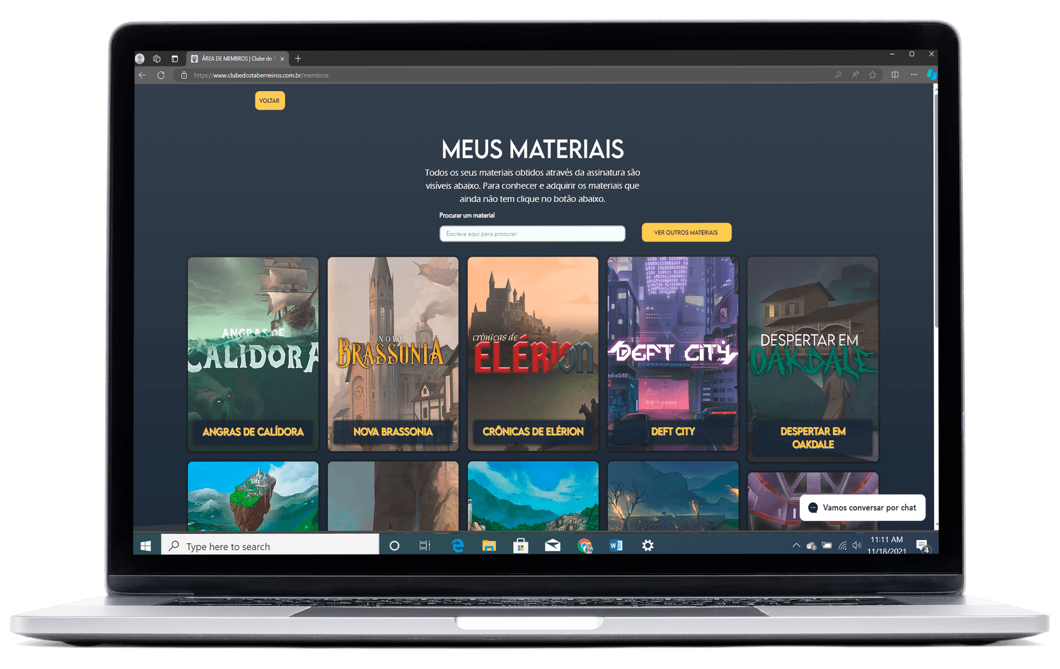 área de membros com materiais do Clube dos Taberneiros, contendo cenários de RPG como merlot negro pdf, therian, brasil 2031, deft city pdf