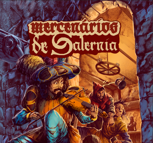 Logotipo do cenário de RPG Mercenários de Salernia com um bardo tocando violino