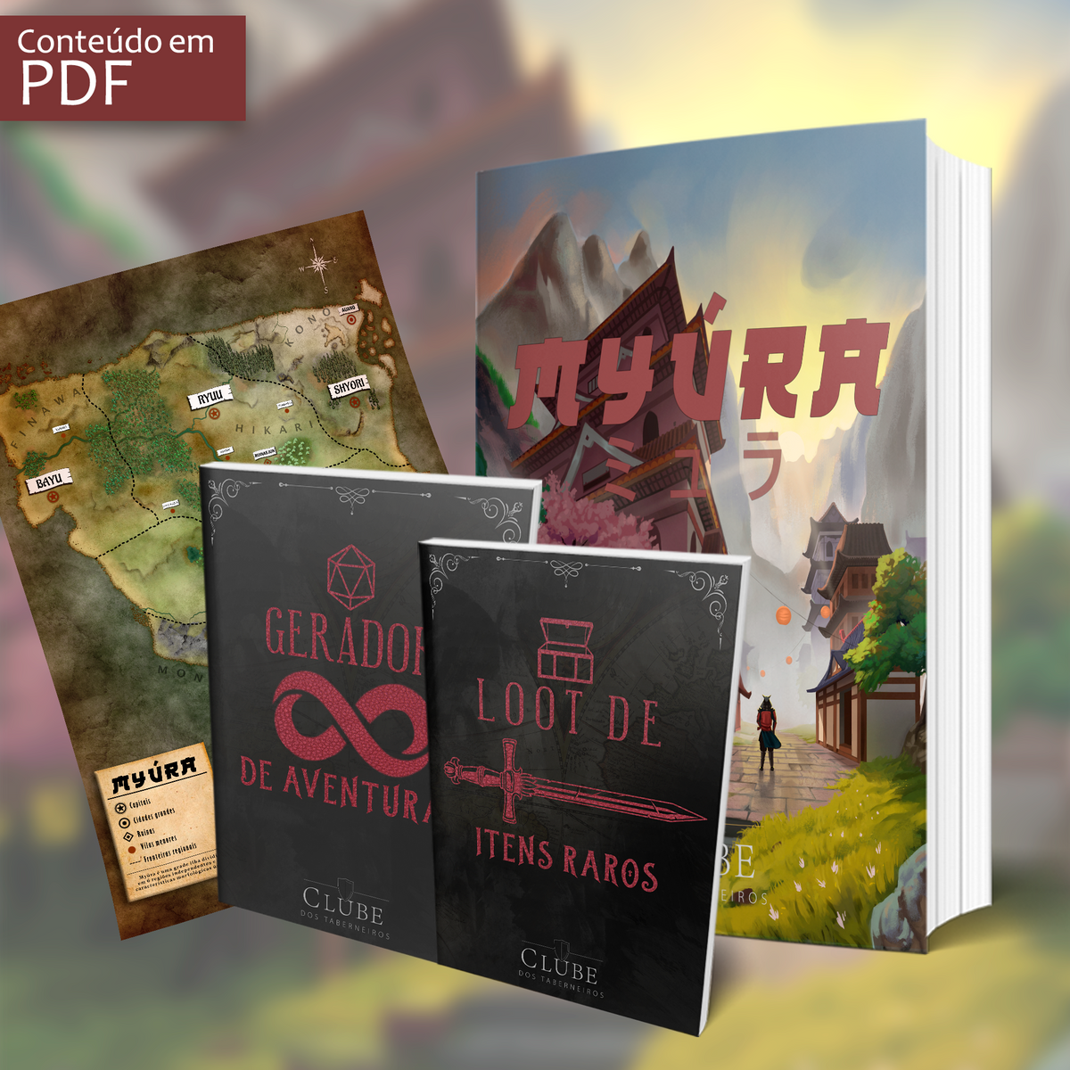 Conteúdo digital do cenário de RPG Myúra: livro, mapa e guias em PDF