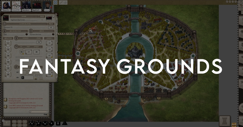 interface do fantasy frounds, um mapa de uma cidade medieval com árvores e um grande rio no centro. Há notas do mestre, chat e fichas de personagens