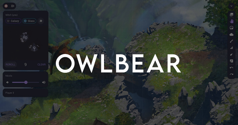 a interface do Owlbear Rodeo, com um mapa de RPG de natureza e uma espada gigante. Na interface há dados sendo rolados