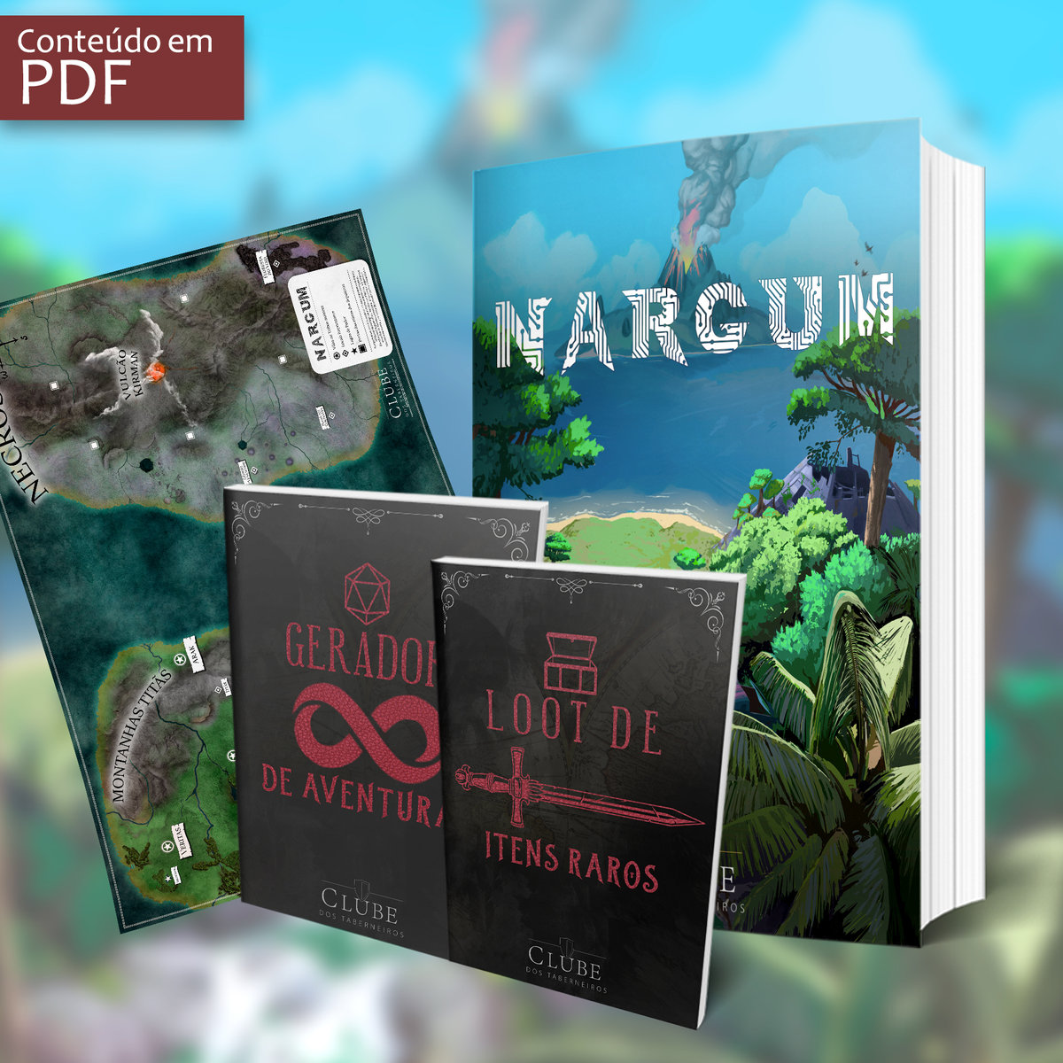 Conteúdo digital do cenário de RPG Nargum: livro, mapa e guias em PDF