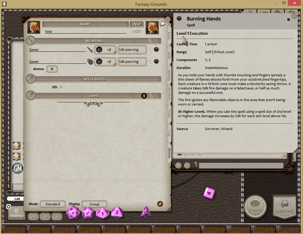 interface animada do fantasy grounds, mostrando como adicionar efeitos de sangramento e rolar dados