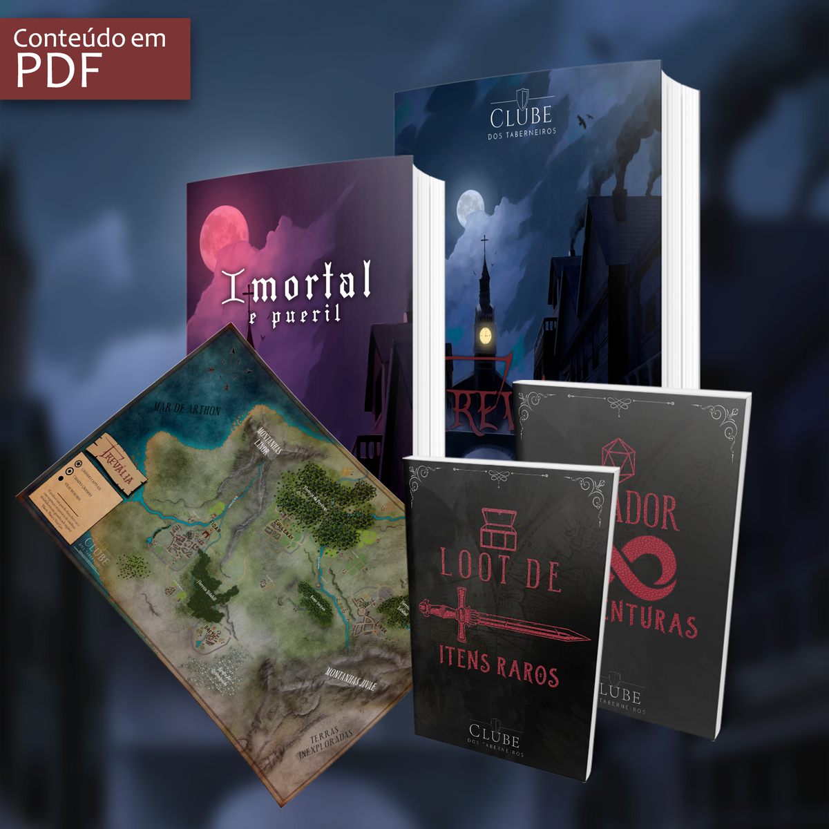 Conteúdo digital do cenário de RPG Trevália: livros e mapa em PDF