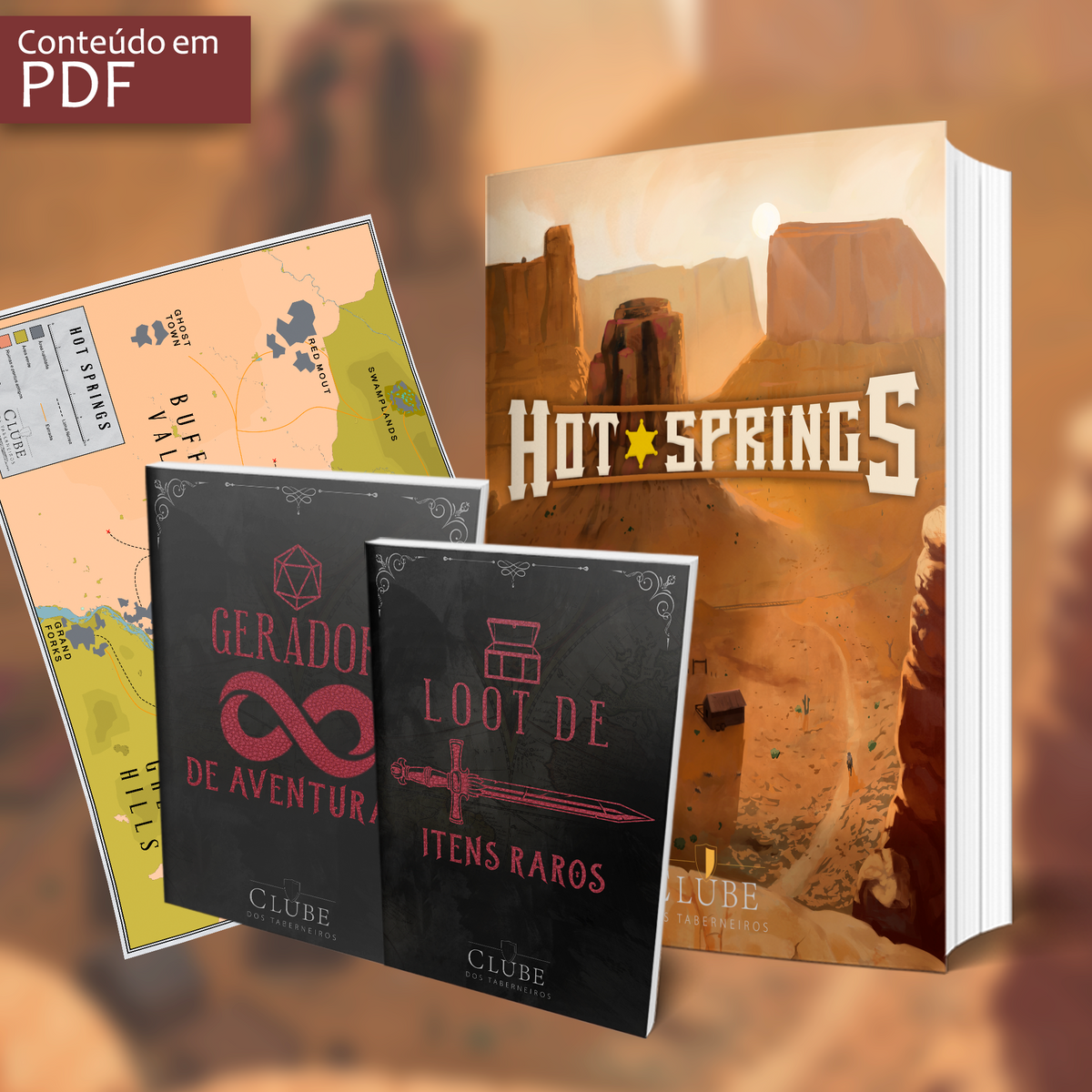 Conteúdo digital do cenário de RPG Hot Springs: livro, mapas e guias em PDF