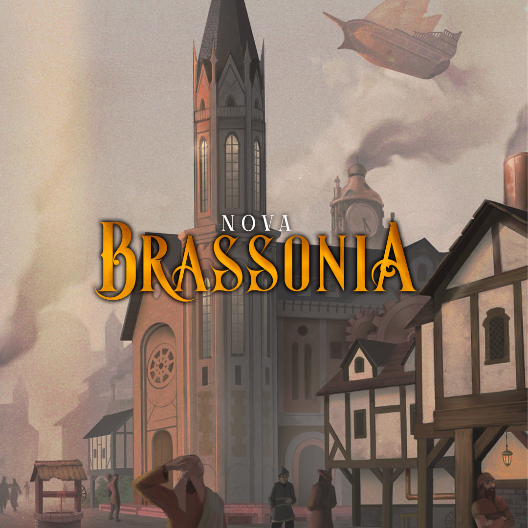 Logotipo do cenário de RPG steampunk Nova Brassonia sobre vilarejo com navio voador