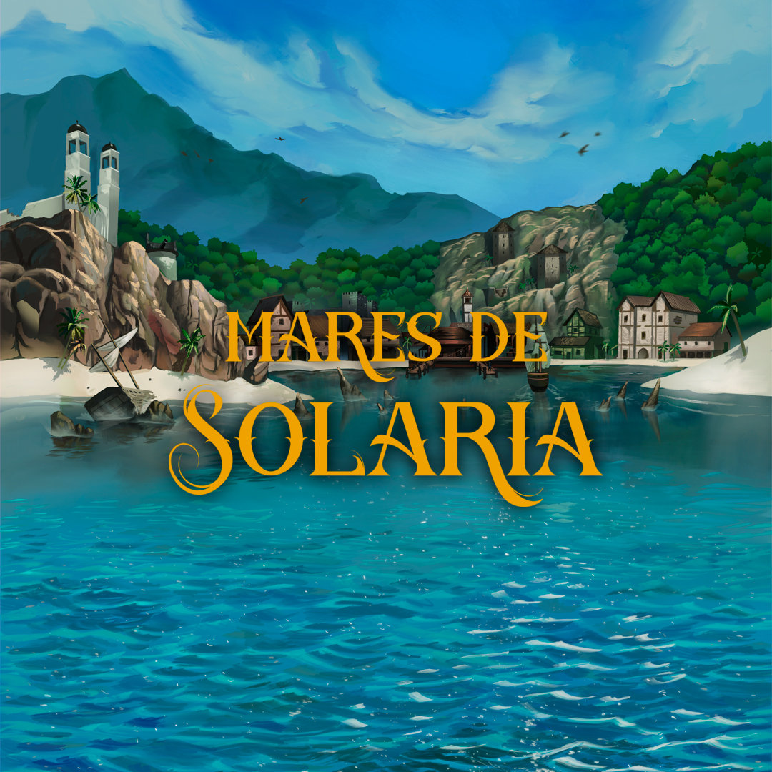 Ilustração do cenário de RPG pirata Mares de Solaria com vila costeira e mar azul
