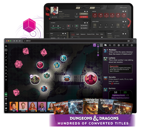 algumas possibilidades do roll20, com mapas prontos para d&d, ficha de personagem organizada e rolagem de dados online