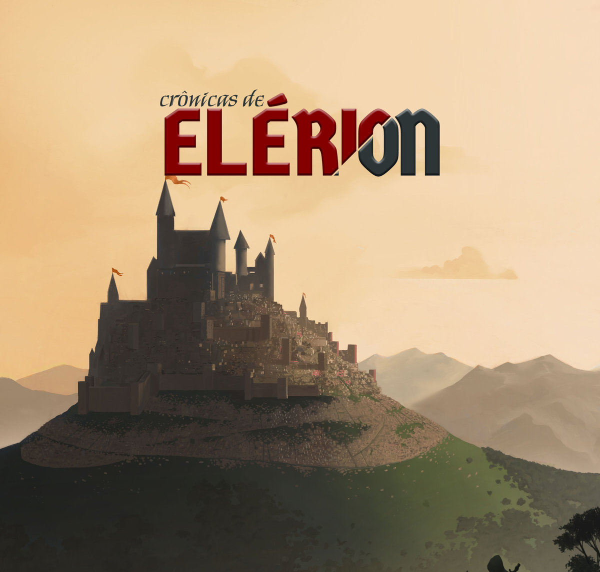 Logotipo do cenário de RPG Crônicas de Elérion sobre castelo medieval no alto de uma colina