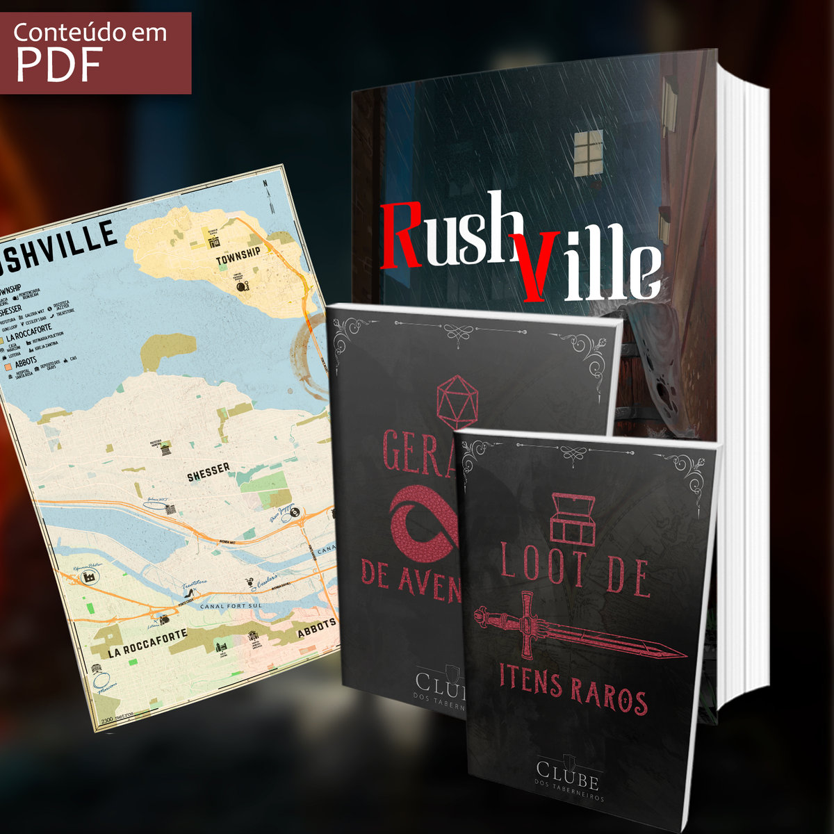 Conteúdo digital do cenário de RPG Rushville: livro, guia de itens e mapa da cidade em PDF