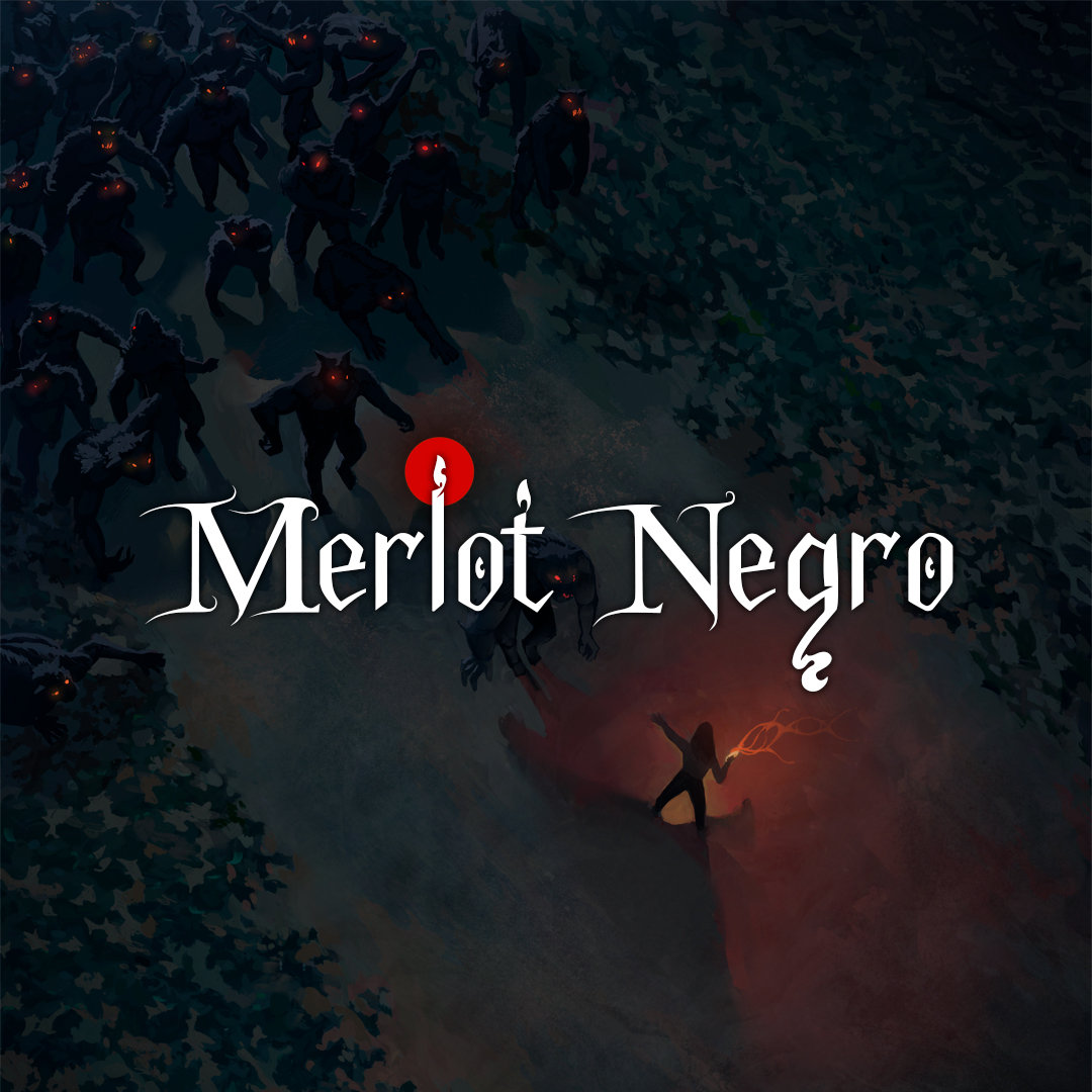 Logotipo do cenário de RPG Merlot Negro sobre exército de lobisomens e luz mágica