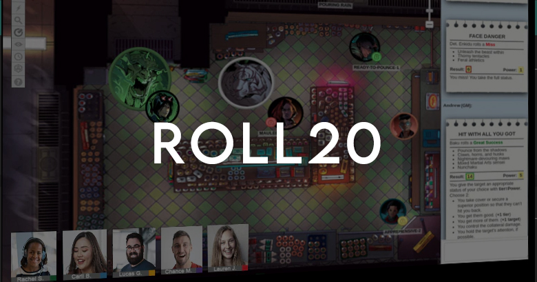 um grupo de jogadores em uma campanha de rpg online mestrada no roll20. no fundo há um mapa e tokens de personagens, além de notas do mestre
