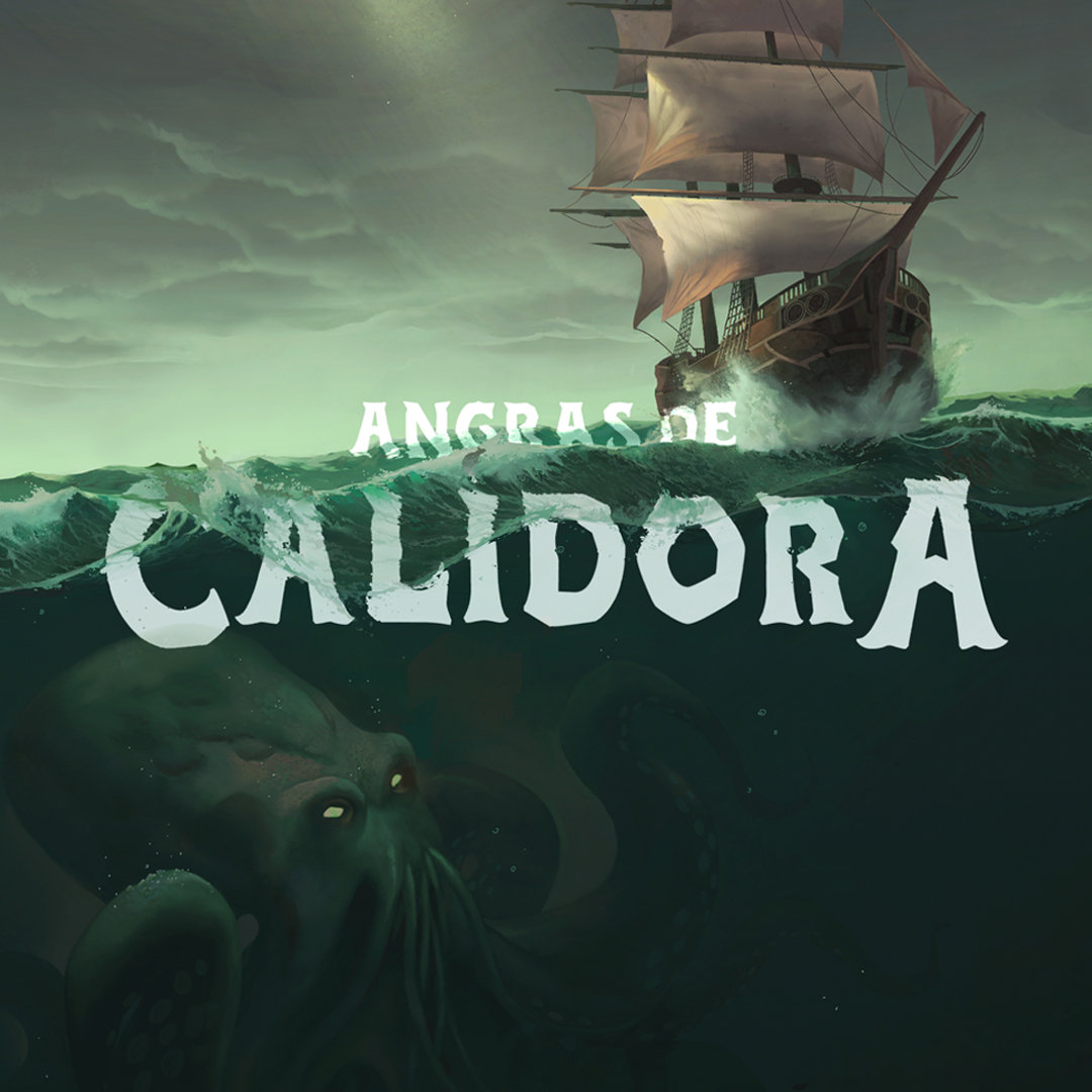 Navio pirata e Kraken sobre o título do cenário de RPG Angras de Calídora