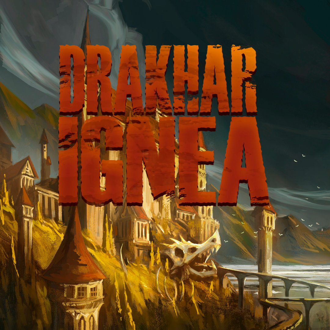 Logotipo do cenário de RPG Drakhar Ignea sobre cidade medieval com crânio de dragão