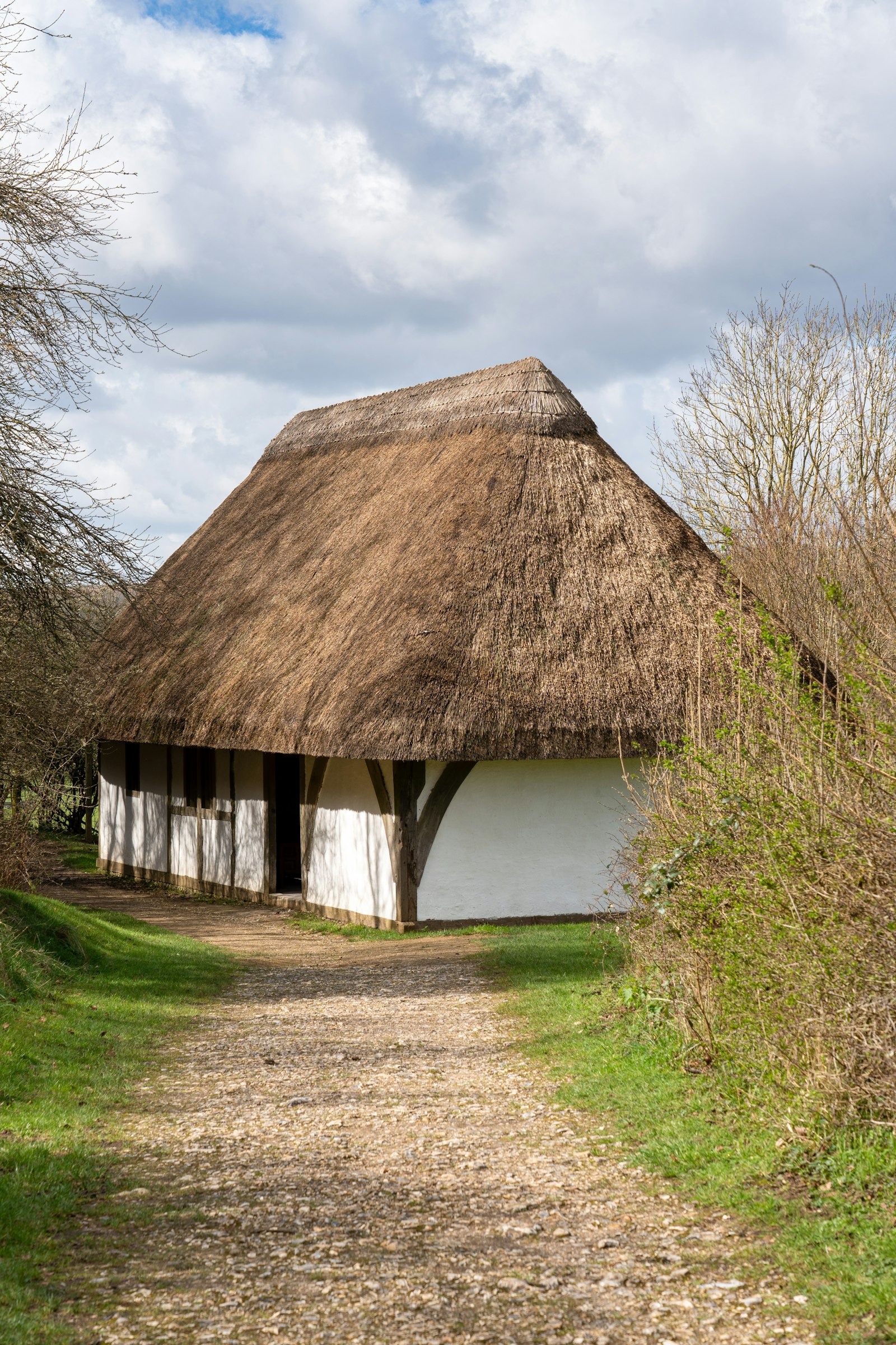 Casa com telhado de palha ao lado de um caminho de terra no campo