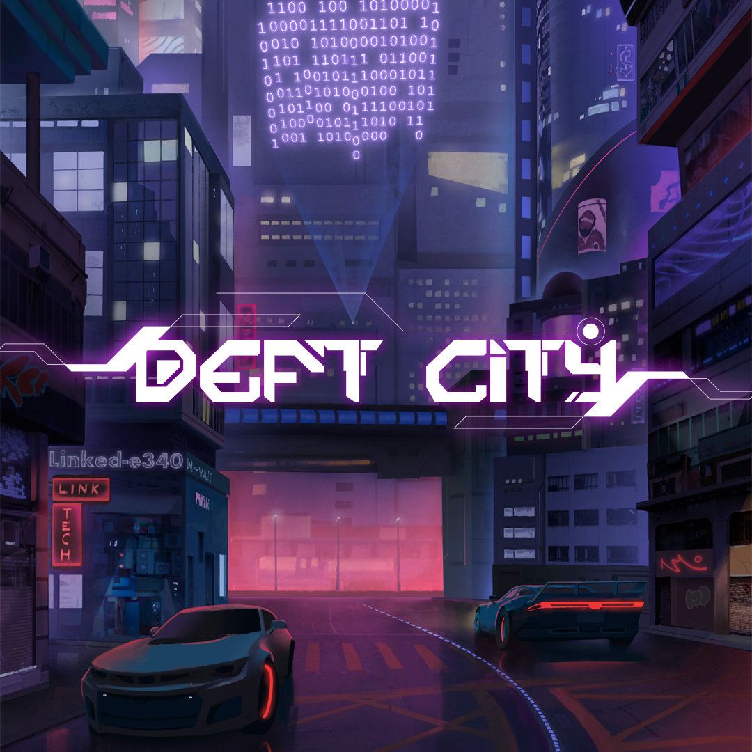 Cidade futurista cyberpunk com o título do cenário de RPG Deft City