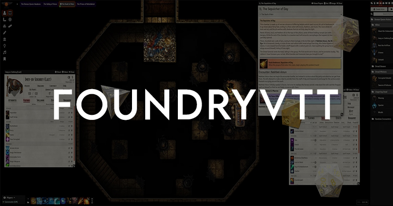 interface do foundryvtt, com notas do mestre, personagens e monstros, além de dados sendo rolados pelos jogadores