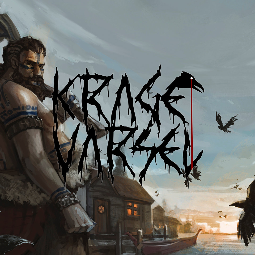 Logotipo do cenário de RPG viking Krage Varsel com guerreiro nórdico e corvos