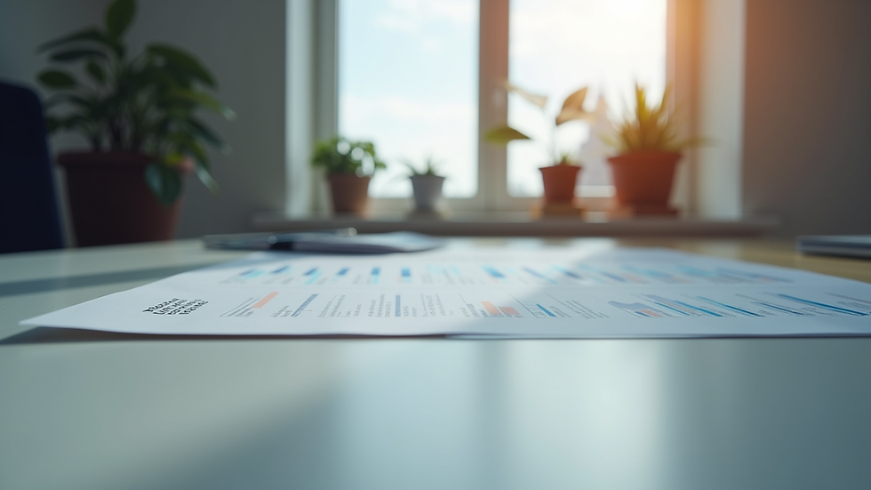Eye-level view of a modern office desk with marketing strategy documents