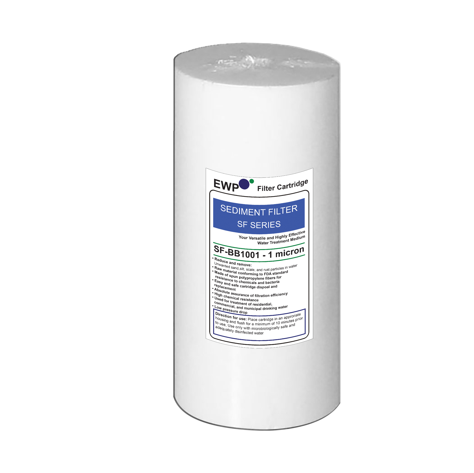 SF- BB1001, Sediment Melt Blown Cartridge, Size: 4.5”x10”, Orifice: Φ1.1”, Micron: 1µ, Material: Polypropylene