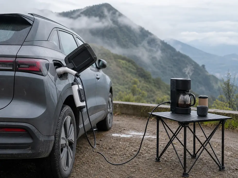 Adaptador V2L conectado a un carro eléctrico alimentando electrodomésticos en un mirador cerca de Bogotá