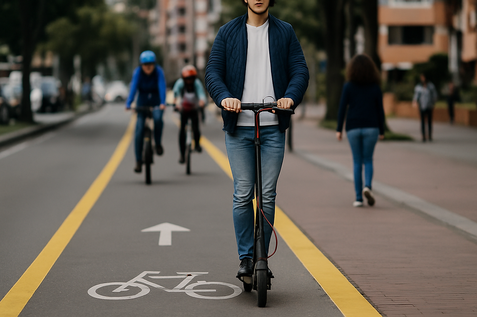 Persona circulando en patinete eléctrico por una ciclorruta urbana en Bogotá, con ciclistas y peatones al fondo entre edificios