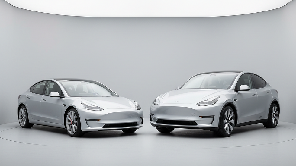 Un Tesla Model 3 y un Tesla Model Y en color plata, uno al lado del otro, sobre un fondo de estudio, ilustrando los modelos que llegarán a Colombia y sus posibles precios.