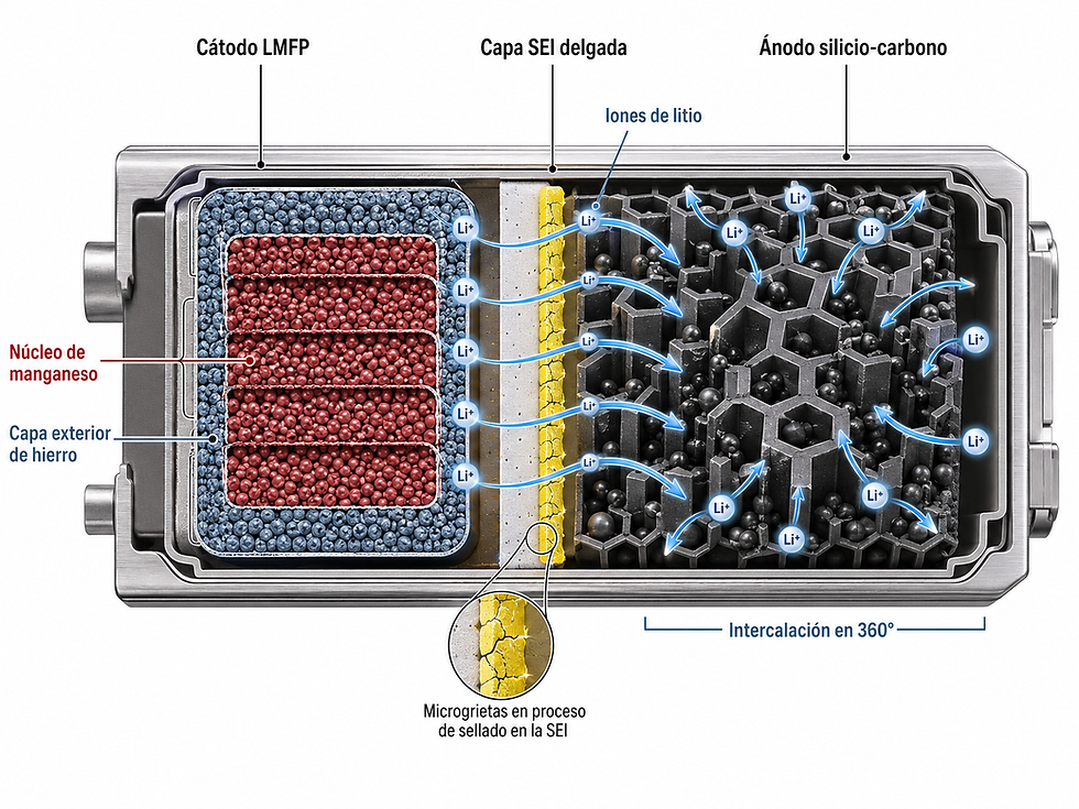 Diagrama técnico de la celda BYD Blade 2.0 mostrando el cátodo LMFP en capas y el ánodo de silicio-carbono con intercalación de iones en 360 grados