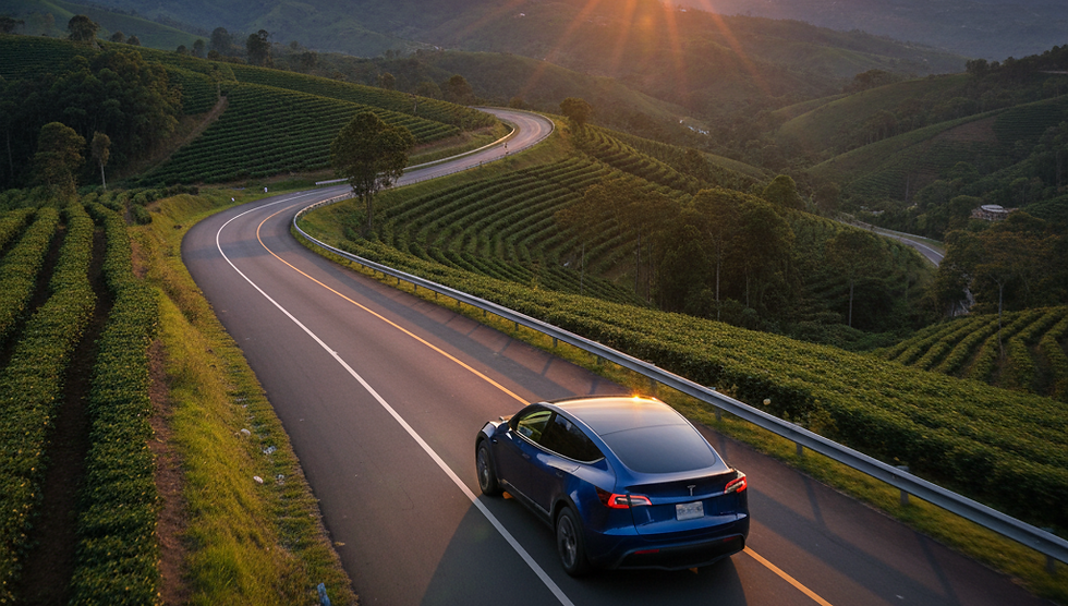 Un Tesla conduciendo por una carretera sinuosa entre las montañas y cafetales de Colombia durante un atardecer, simbolizando el futuro y la llegada de la movilidad eléctrica al país.