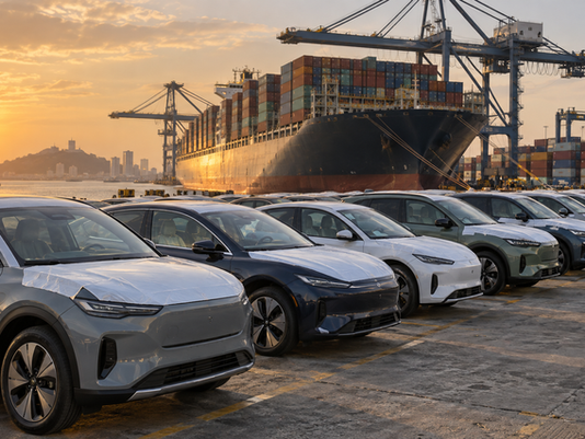 Carros eléctricos recién importados en el puerto de Cartagena, Colombia