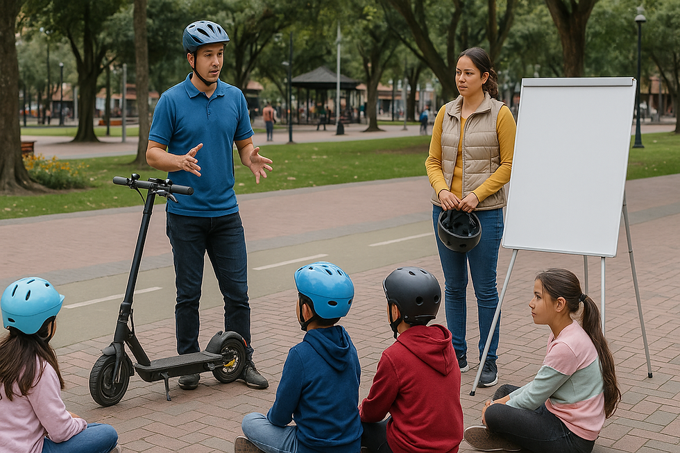 Instructor con casco explica el uso seguro de un patinete eléctrico a un grupo de niños con cascos, sentados frente a él en una ciclovía urbana mientras una asistente observa junto a un rotafolio.