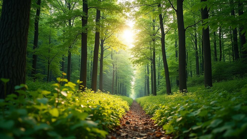 Eye-level view of a lush green forest with sunlight filtering through the trees