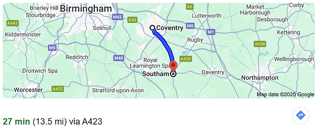 Map of route bewteen Coventry and Precision Cycle Fit in Southam.