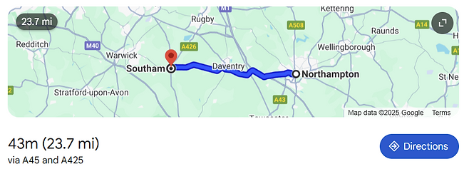 Map of route bewteen Northampton and Precision Cycle Fit in Southam.