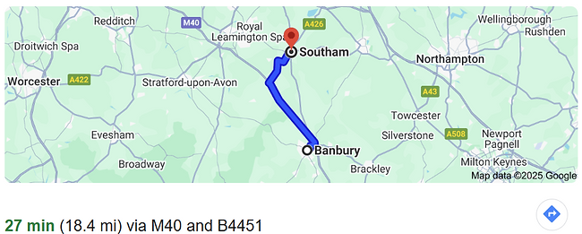 Map of route bewteen Banbury and Precision Cycle Fit in Southam.