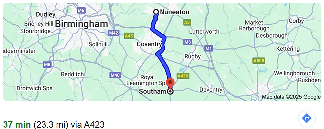 Map of route bewteen Nuneaton and Precision Cycle Fit in Southam.