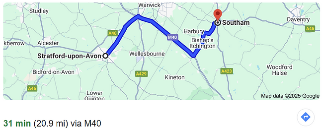 Map of route bewteen Stratford Upon Avon and Precision Cycle Fit in Southam.