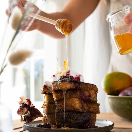 Vegan French Toast with Berry Compote, Coconut Yoghurt + Toasted Coconut Flakes