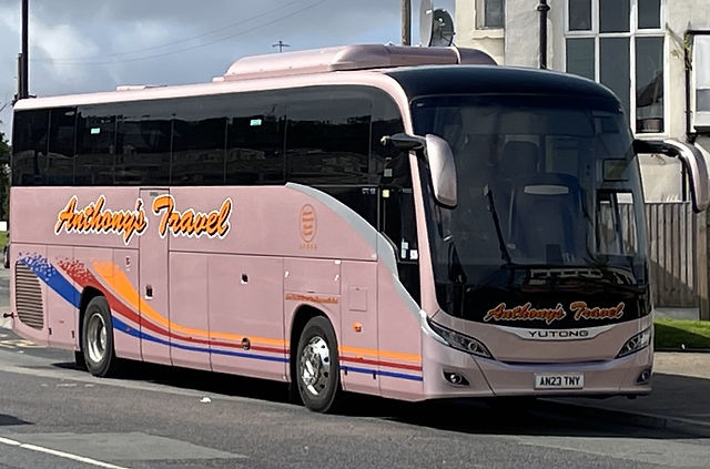 Seen in its home town of Runcorn is Anthony's Travel Yutong GT12 reg: AN23 TNY which it has just celebrated its first birthday.